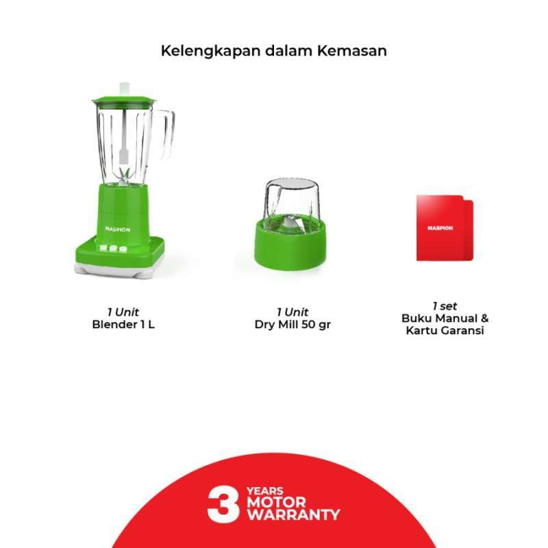 Maspion Blender Gelas Kaca 2in1 1 Liter - MT1272GL | MT-1272 GL - Hijau